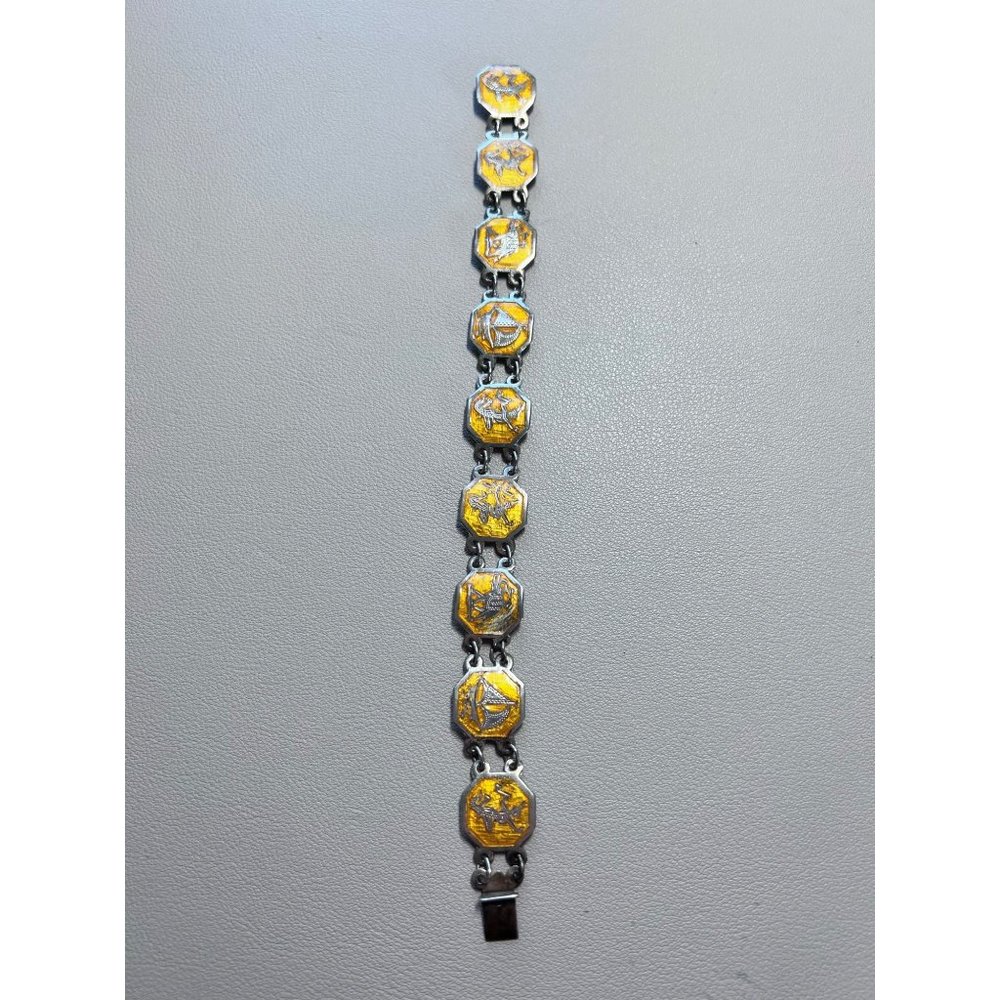 Vintage Sterling Silver Siam Niello Link Bracelet - Yellow Enamel, Thailand